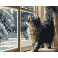 Картина за номерами Снігопад за вікном котик art_selena_ua 40х50 Ідейка (KHO6550)