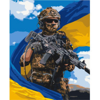 Картина за номерами Воїн ВСУ з прапором 40*50 см Оригамі (LW3268)